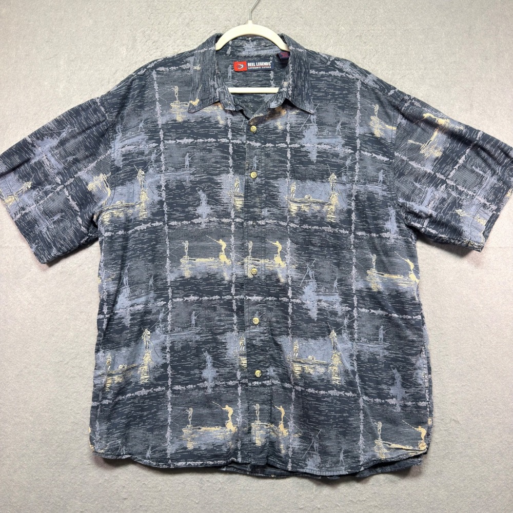 Reel Legends Mens Large Fishing Graphic Button Down Shirt Navy Blue Short Sleeve